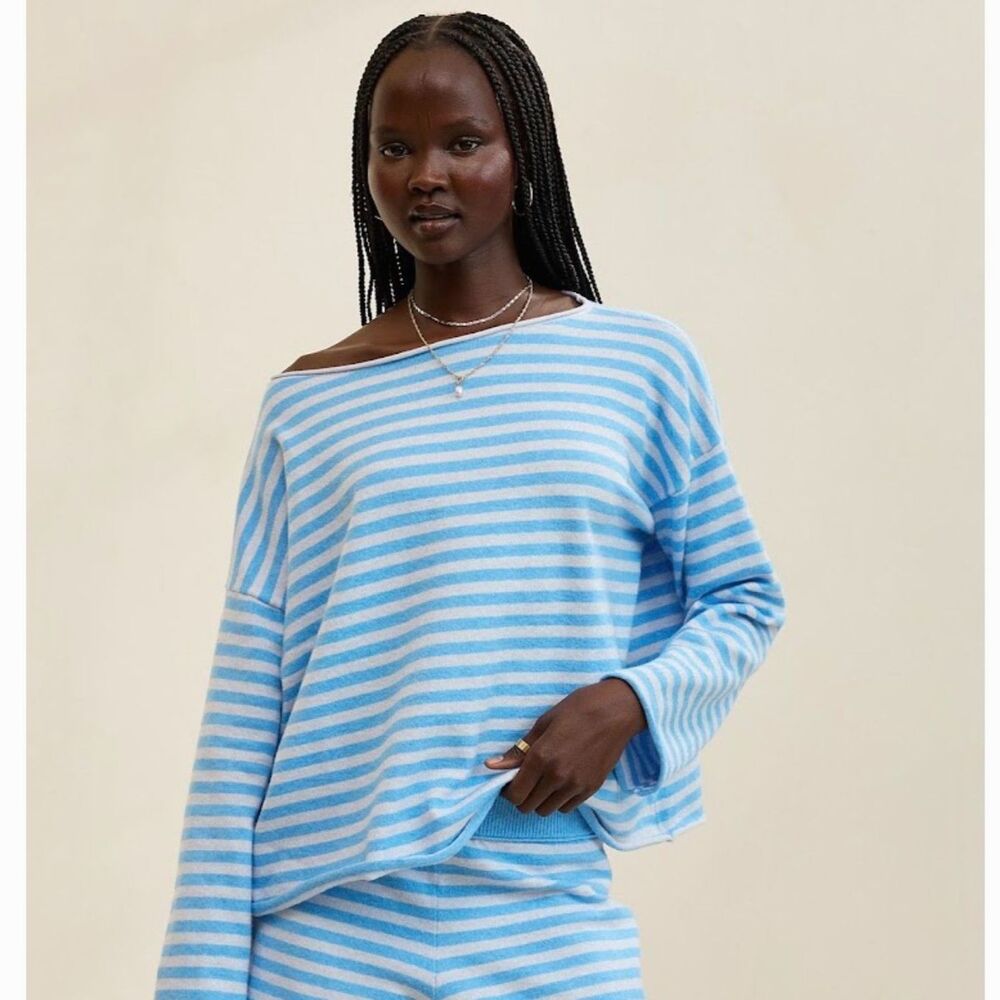 NEW Aerie womens shirt S Sunday Soft boatneck sweater knit top Blue grey striped